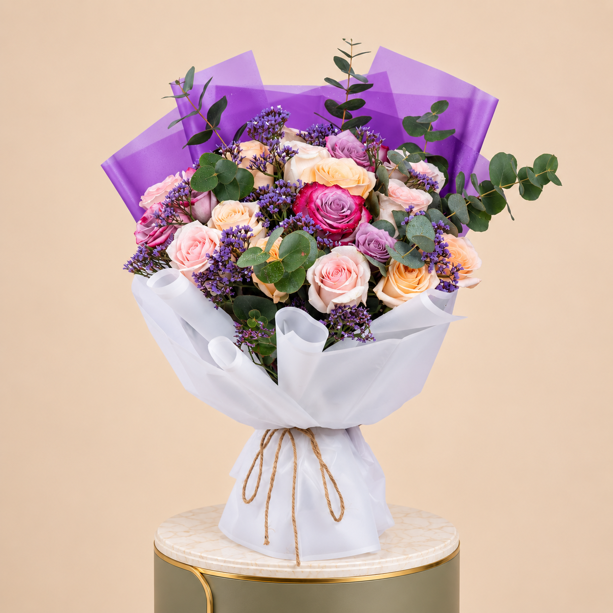 Pink, Peach & Purple Rose Bouquet with Eucalyptus