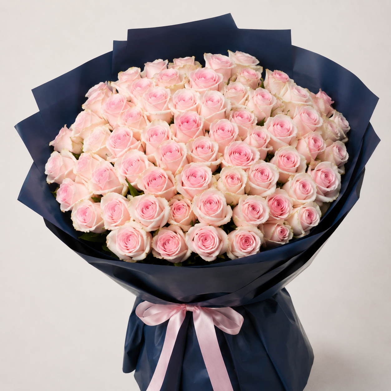 Luxury Large Light Pink Rose Bouquet in Navy Wrapping | 50 Premium Roses