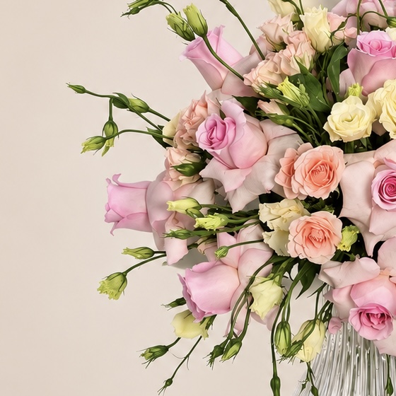 Pink Roses & Lisianthus Birthday Arrangement in Luxury Glass Vase 5