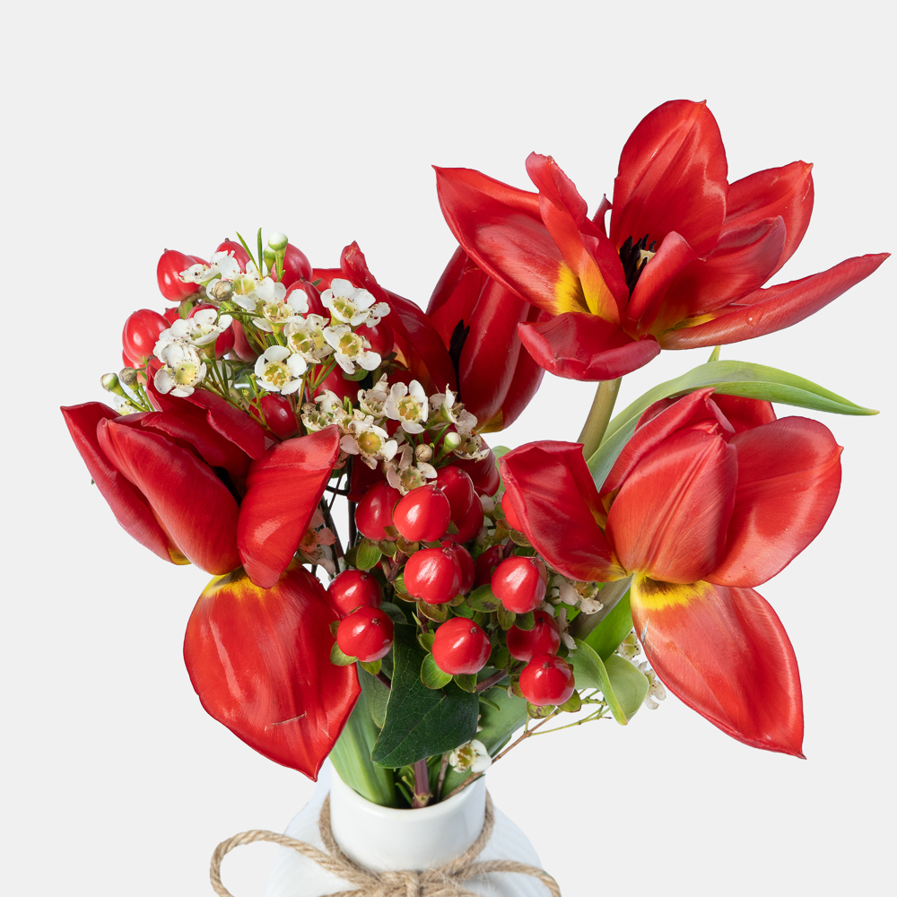 Red Tulip Arrangement with Hypericum Berries in Elegant White Vase | Luxury Modern Floral Gift 2
