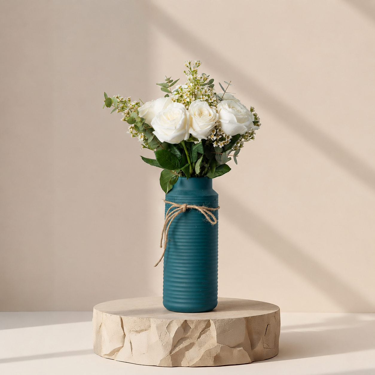 Pure White Rose Arrangement in Blue Vase | Elegant Fresh Flower Gift | Flori Mart Qatar