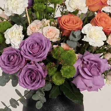 Luxury Graduation Flowers in Black Vase – Purple & Orange Roses 6