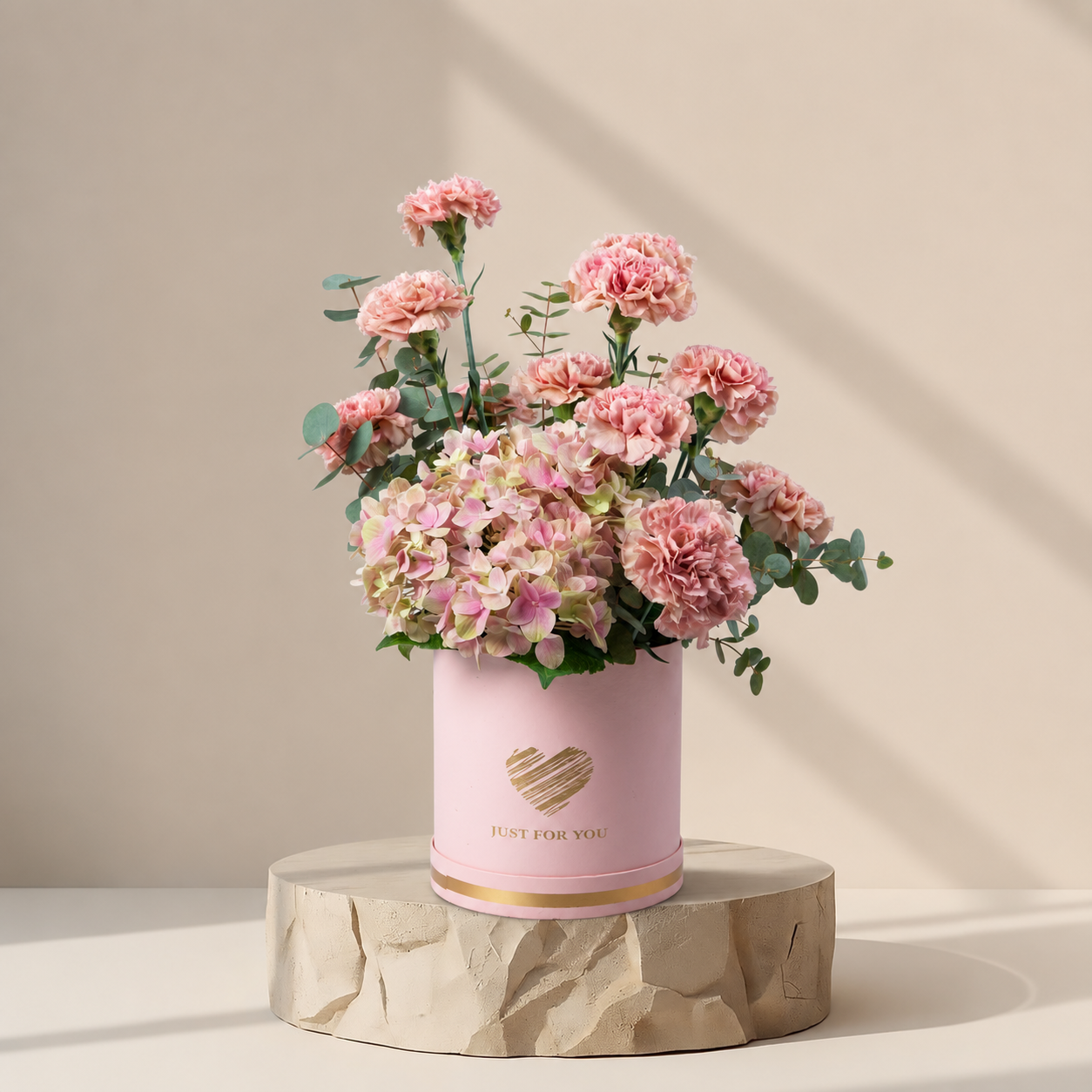 Blush Hydrangea & Carnation Flower Box | Luxury Pink Floral Arrangement | Flori Mart Qatar