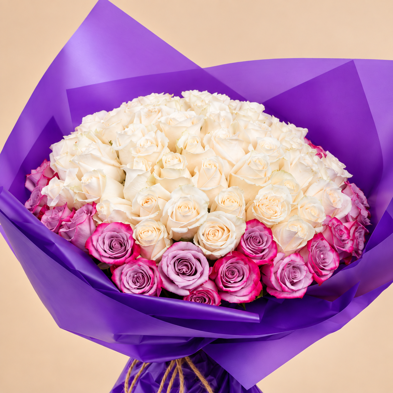 White & Pink Rose Bouquet with Purple Wrap | 100 Roses 3