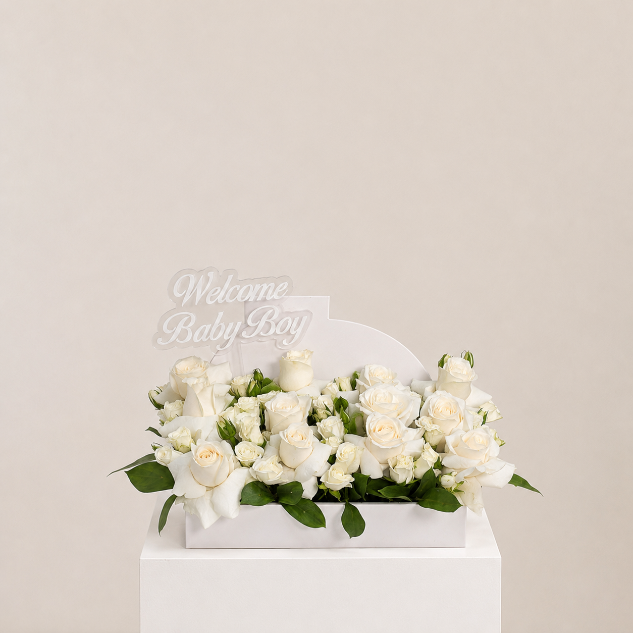 Welcome Baby Boy White Roses Box – Elegant Newborn Flower Arrangement 2
