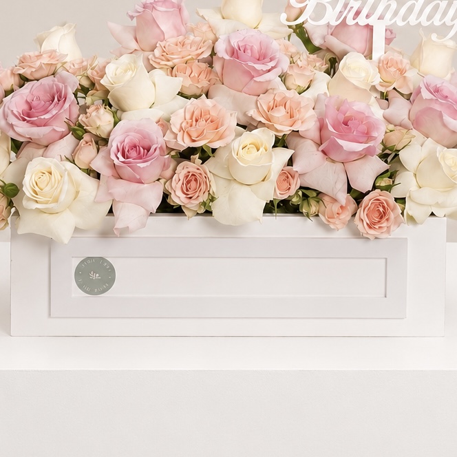Luxury Happy Birthday Pink, White & Peach Roses Arrangement in White Box | Flori Mart Qatar 4