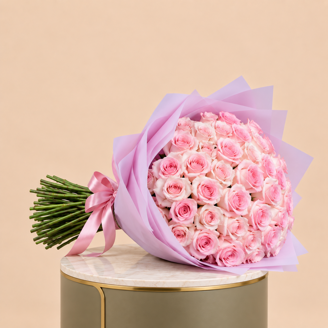 Pink Rose Bouquet with Pink Wrap | 50 Roses