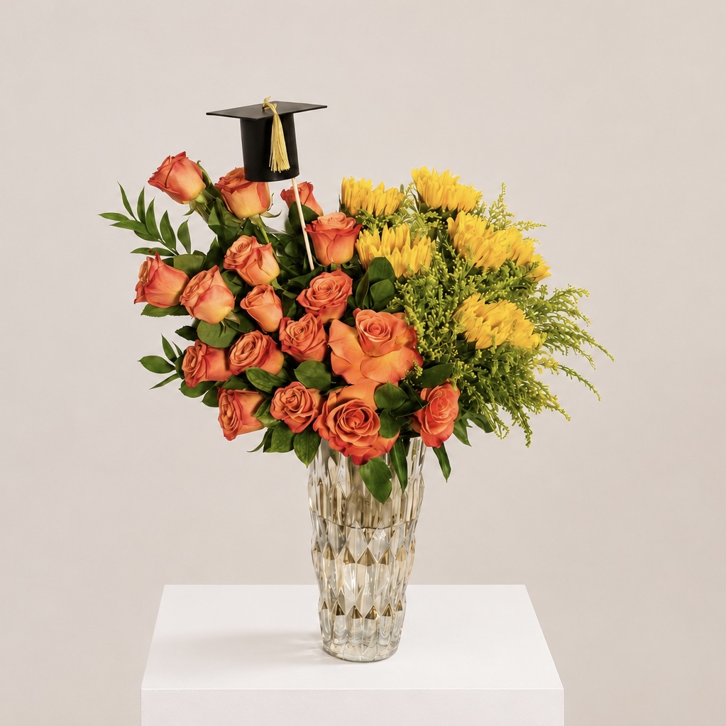 Orange Roses & Sunflowers Graduation Arrangement in Glass Vase 3
