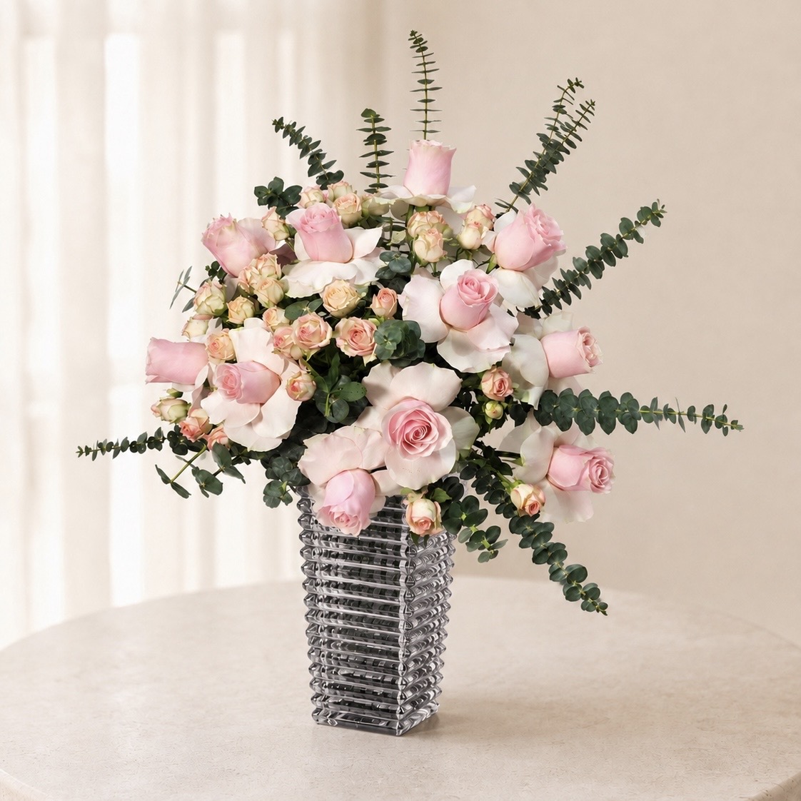Pink Roses & Eucalyptus Arrangement in Square Glass Vase