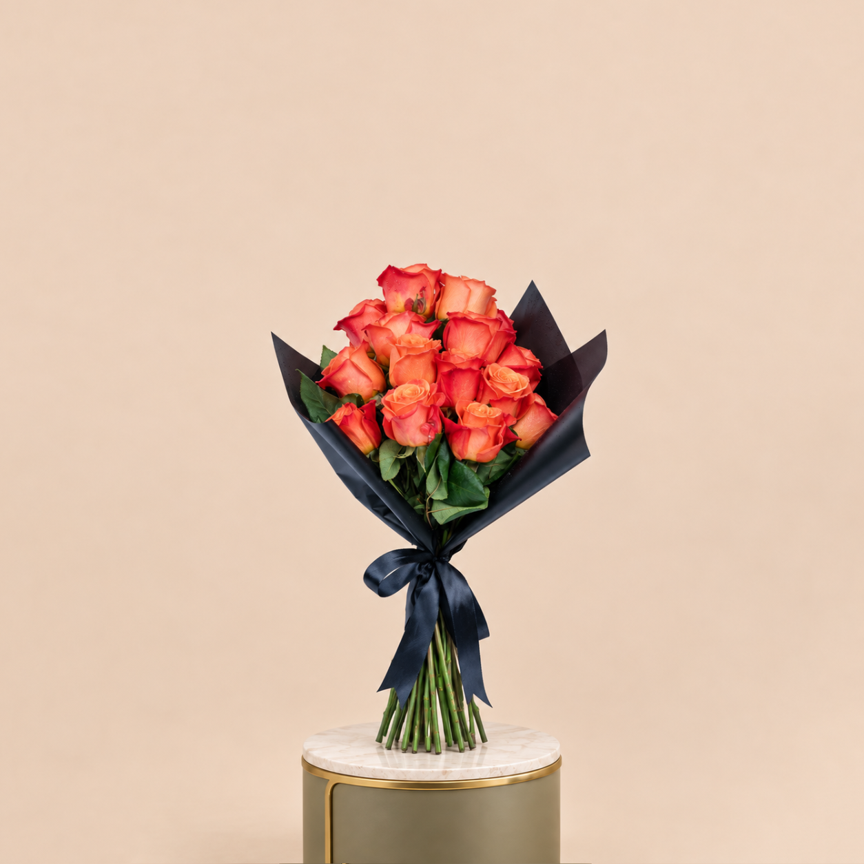 Orange Rose Bouquet with Black Wrap | 15 Roses