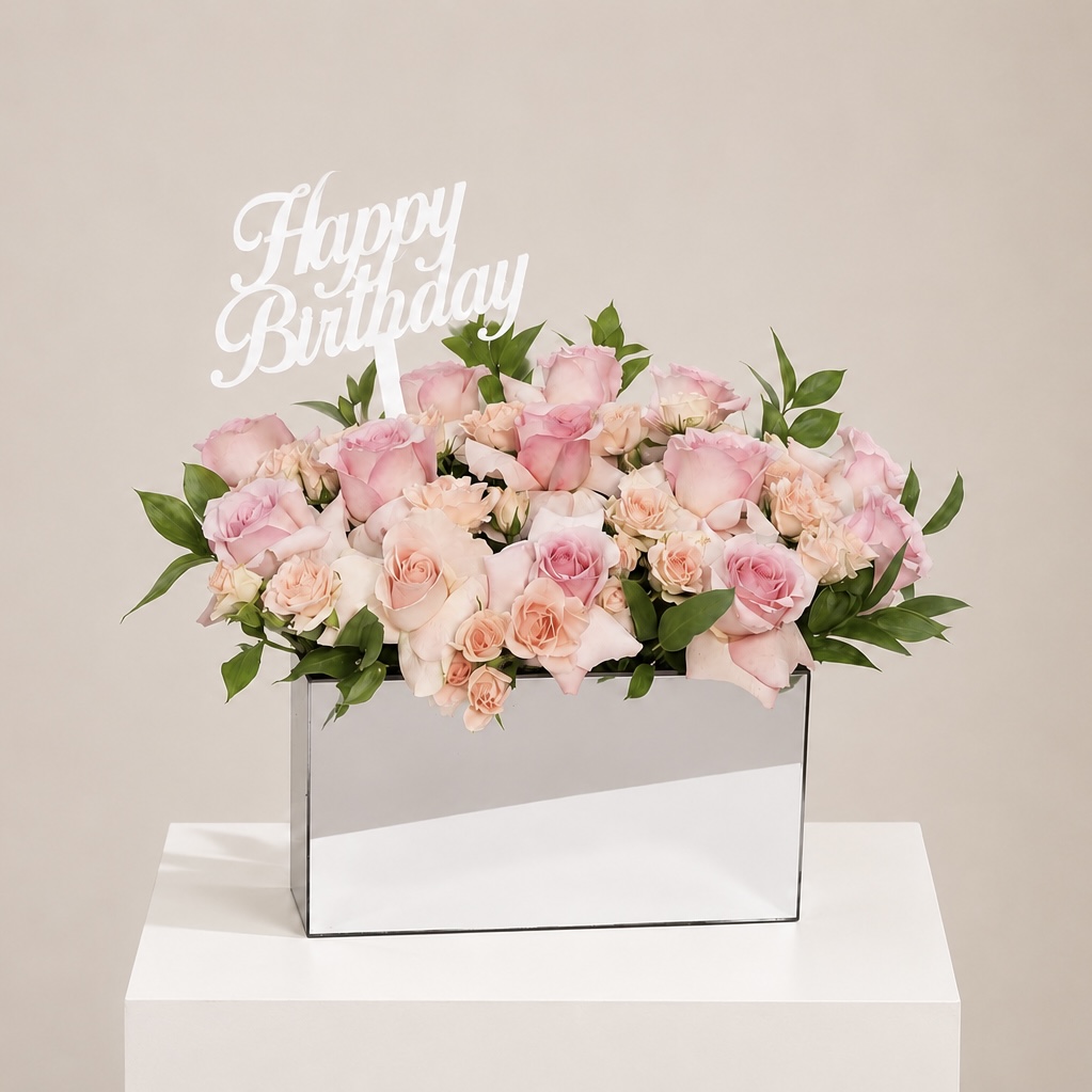 Luxury Happy Birthday Pink & Peach Roses in Mirror Box 2