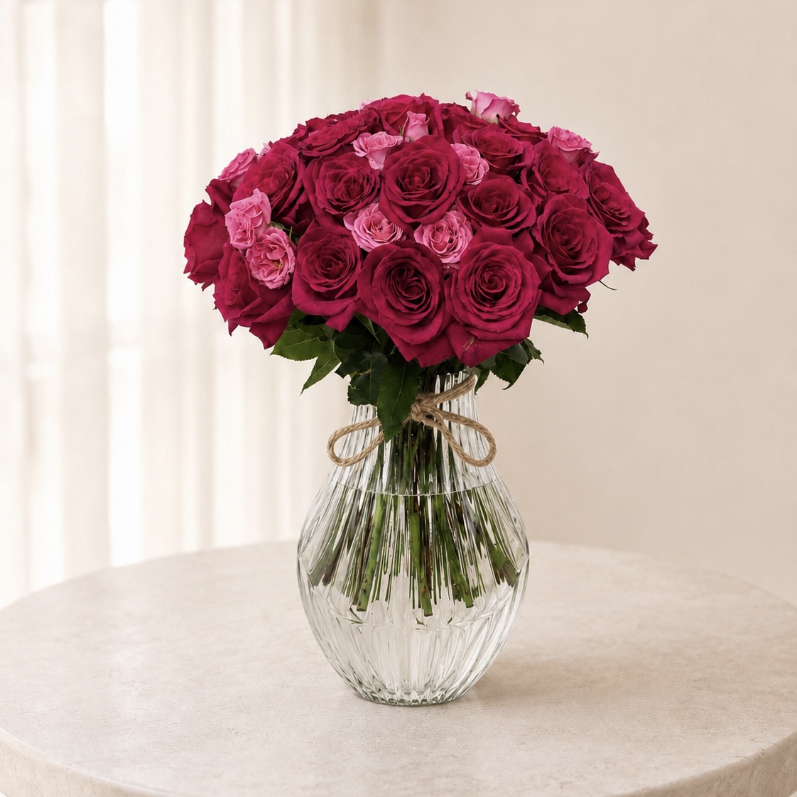Luxury Red & Pink Rose Arrangement in Crystal Glass Vase | Premium Fresh Roses | Flori Mart Qatar