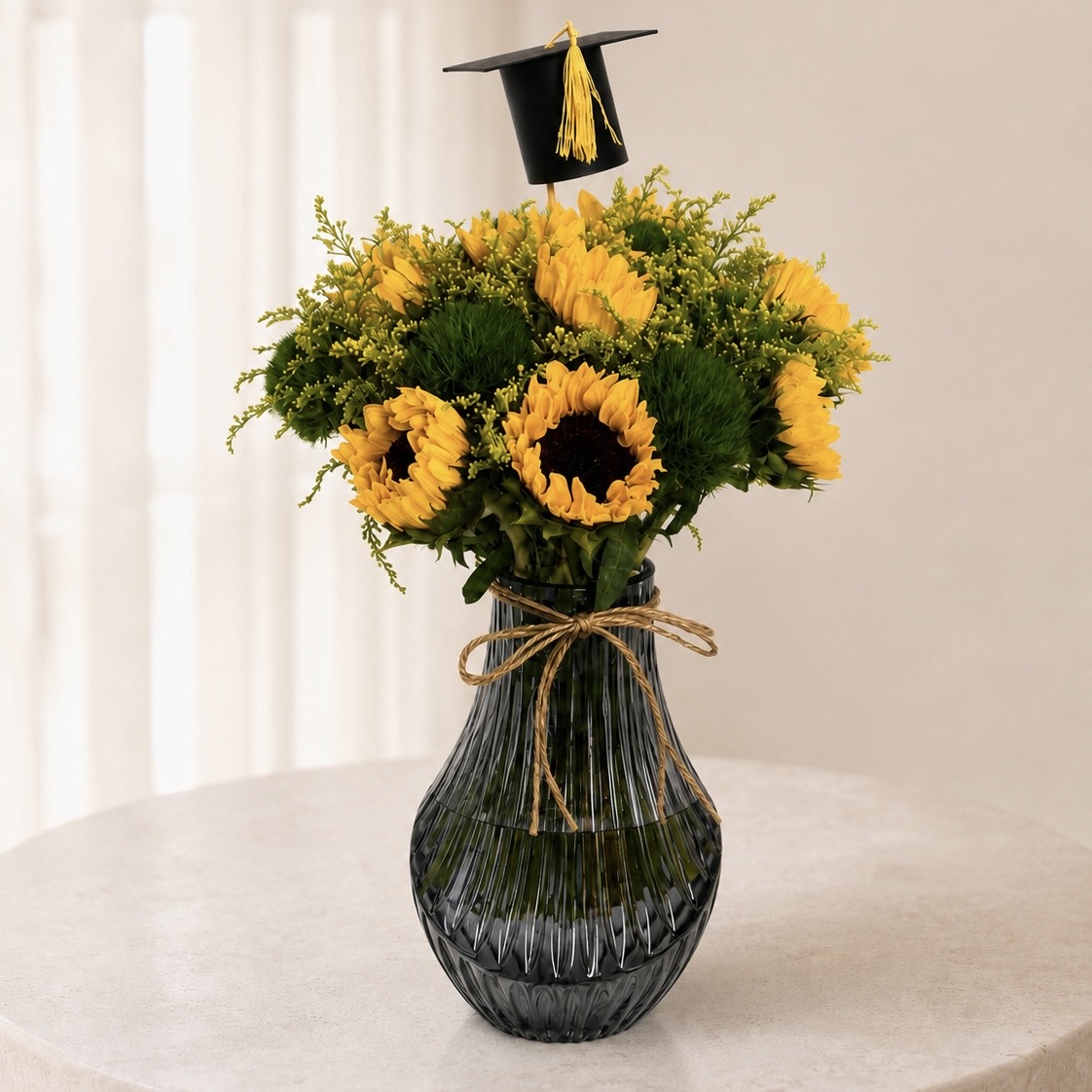 Sunflower Graduation Arrangement in Black Glass Vase – Graduation Gift