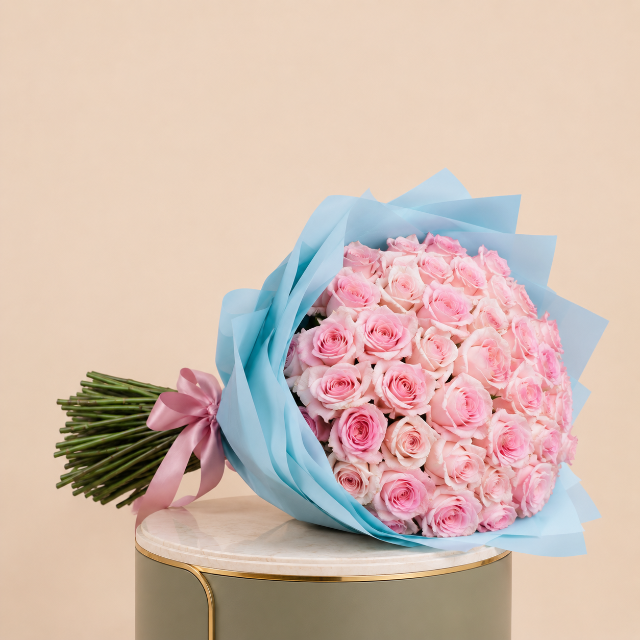 Pink Rose Bouquet with Blue Wrap | 100 Roses 2