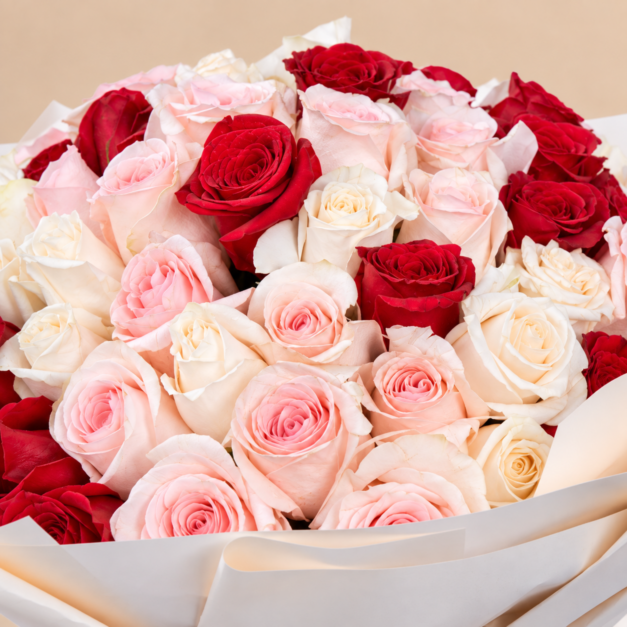 Red, Pink & White Rose Bouquet with White Wrap | 50 Roses 4