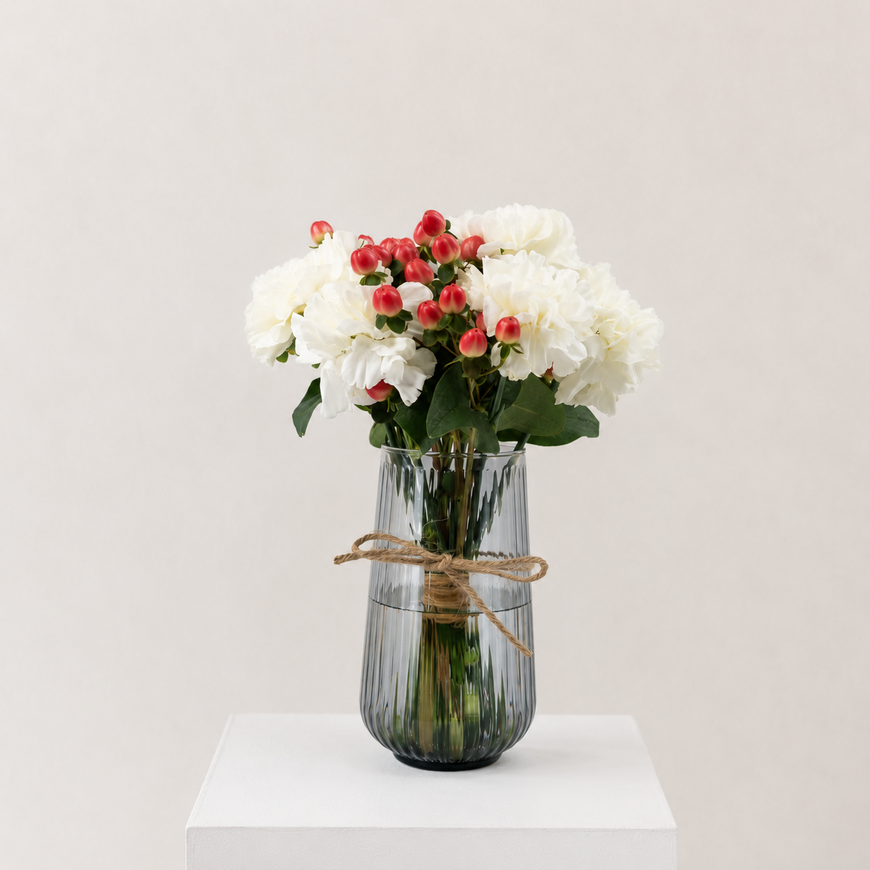 Luxury White Carnation Arrangement with Red Hypericum Berries in Elegant Glass Vase