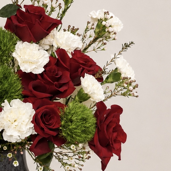 Luxury Red Rose & White Carnation Arrangement | Premium Fresh Flower Vase for Gifts & Special Occasions | Flori Mart Qatar 7