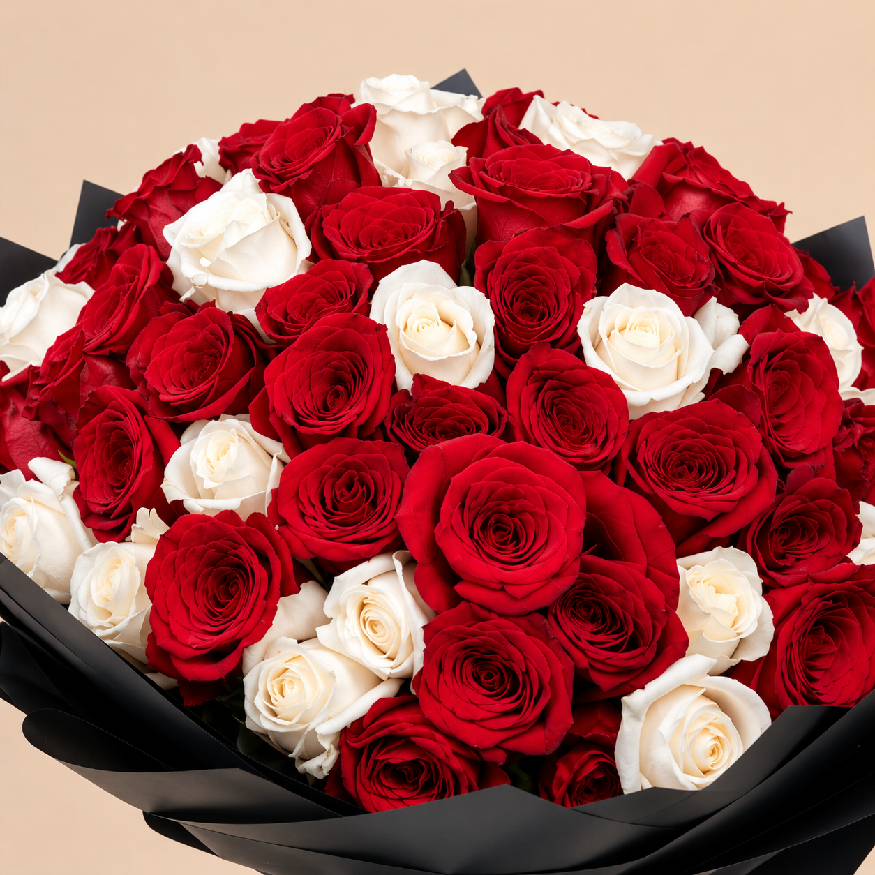 Red and White Rose Bouquet with Black Wrap | 100 Roses 4