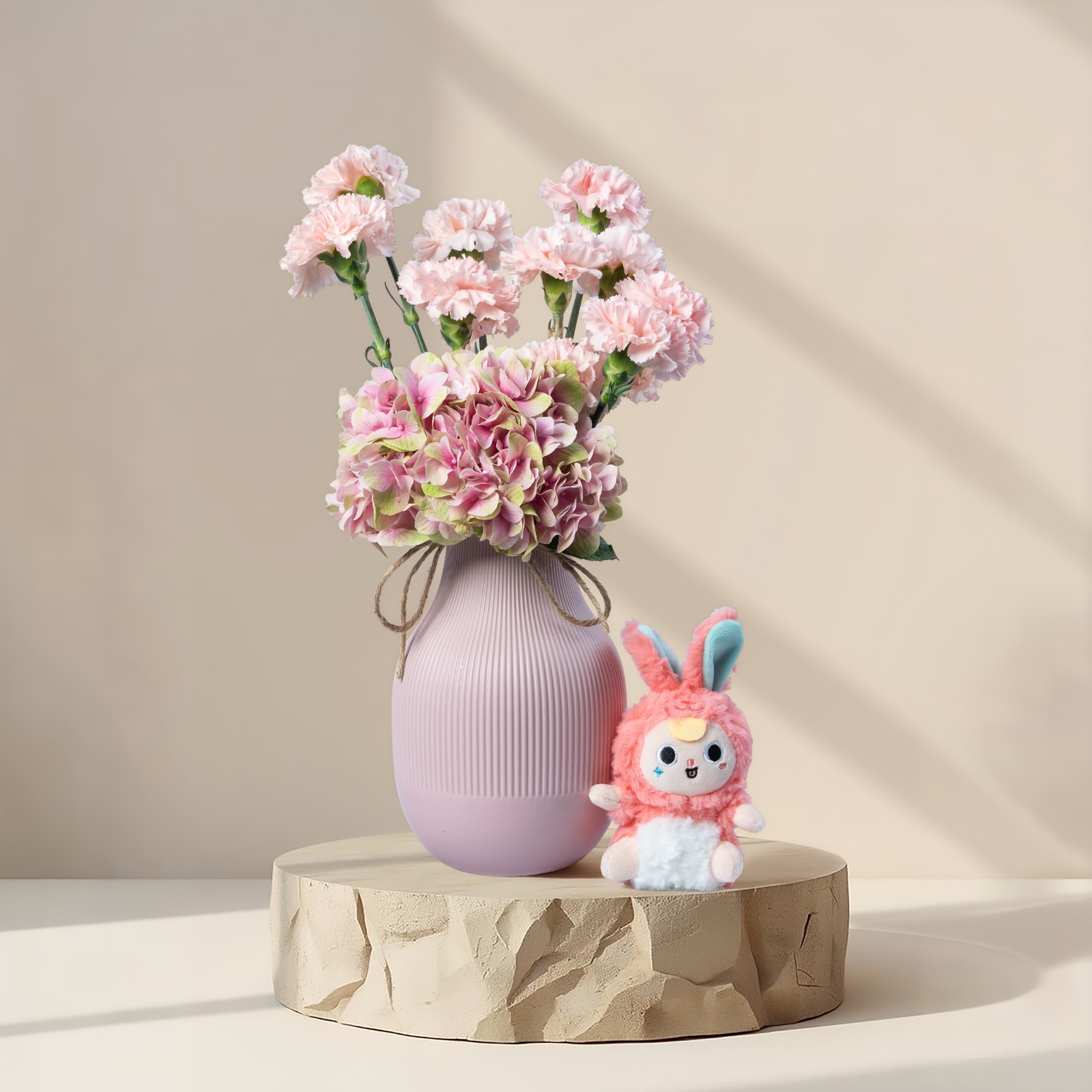 Pink Hydrangea & Carnation Vase Arrangement with Labubu Doll | Elegant Floral Gift