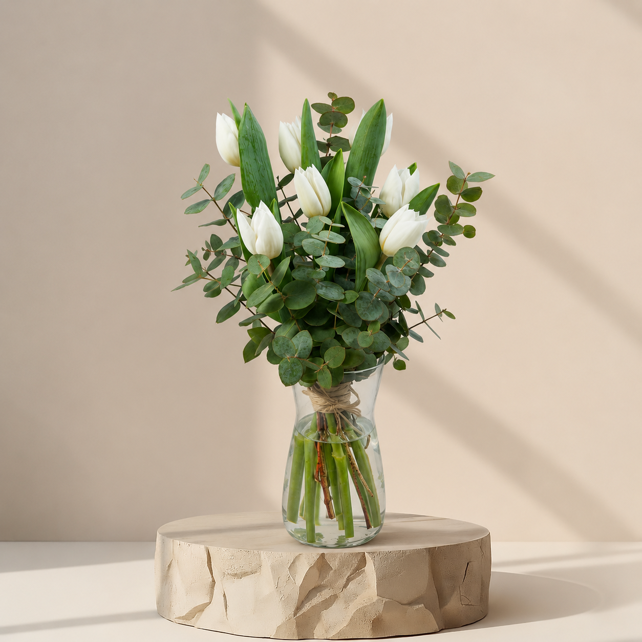 White Tulip & Eucalyptus Arrangement in Glass Vase | Elegant Fresh Flowers | Flori Mart Qatar