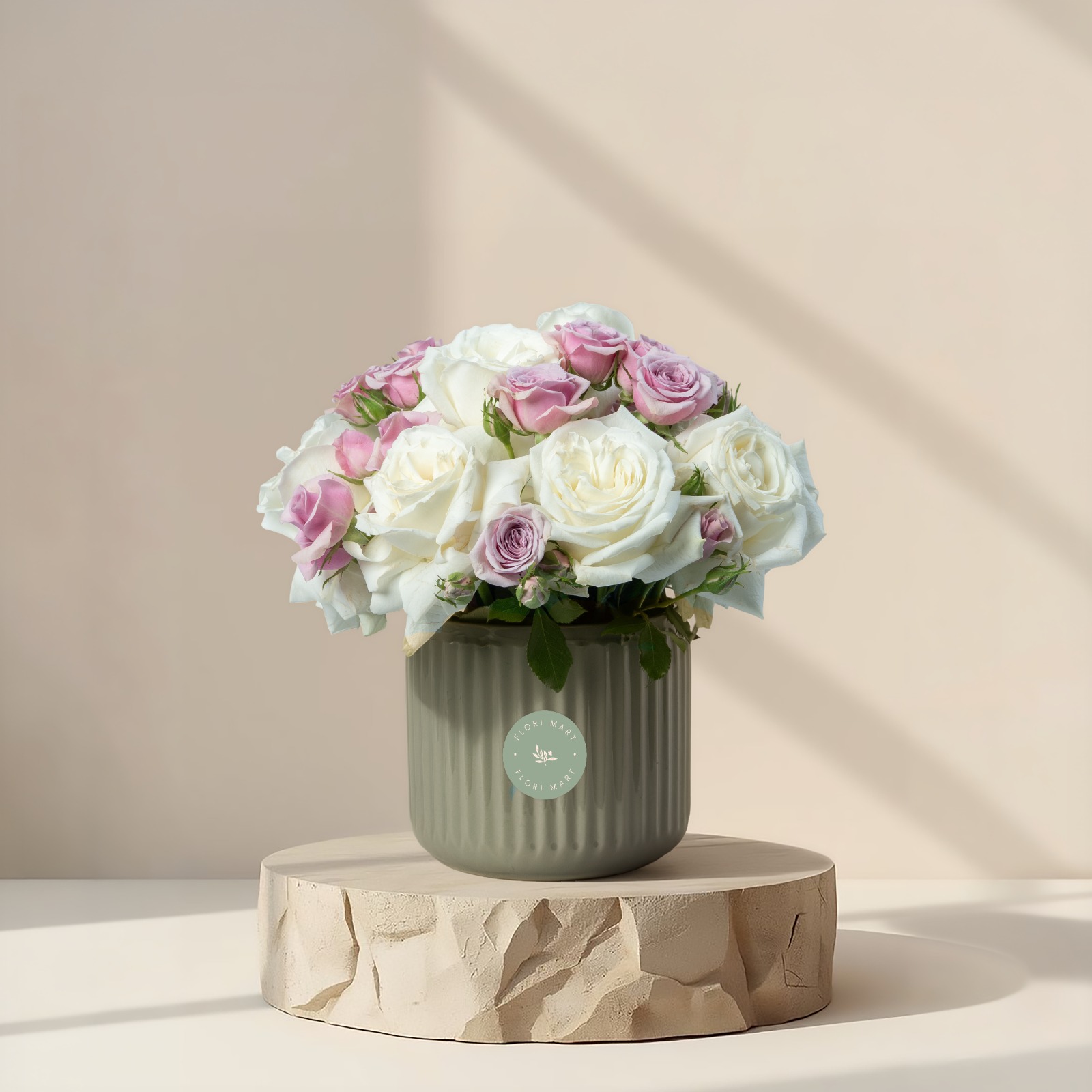 Luxury White & Pink Rose Arrangement in Gray Ceramic Pot | Elegant Floral Gift for Special Occasions