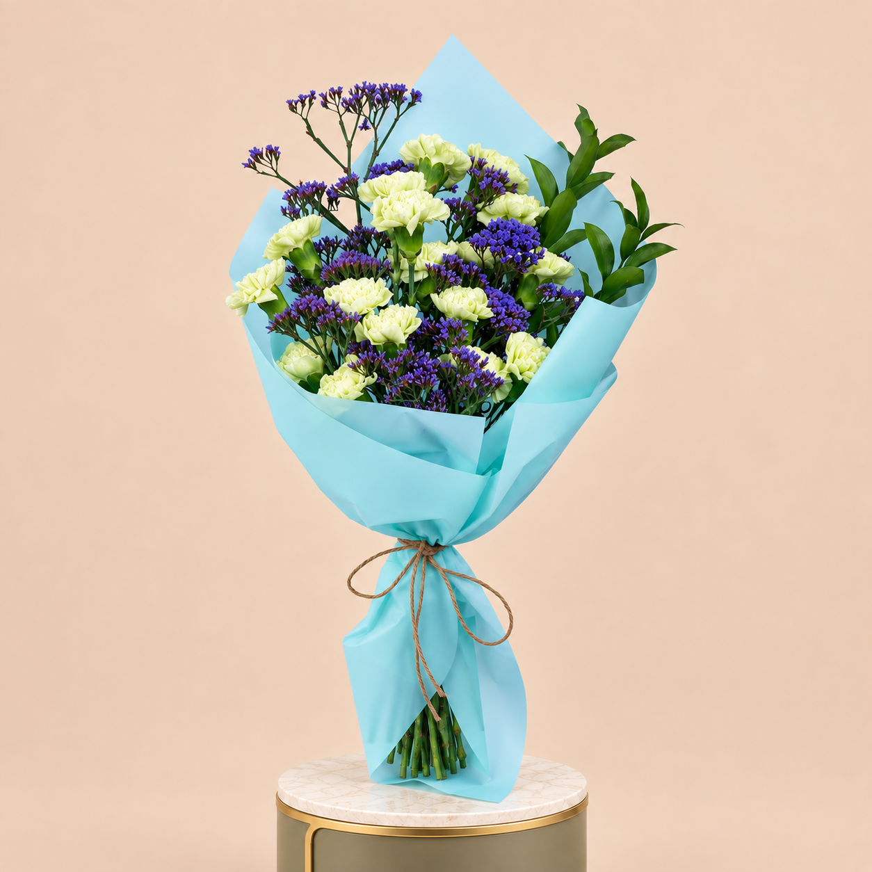 Carnation & Purple Statice Bouquet with Blue Wrap