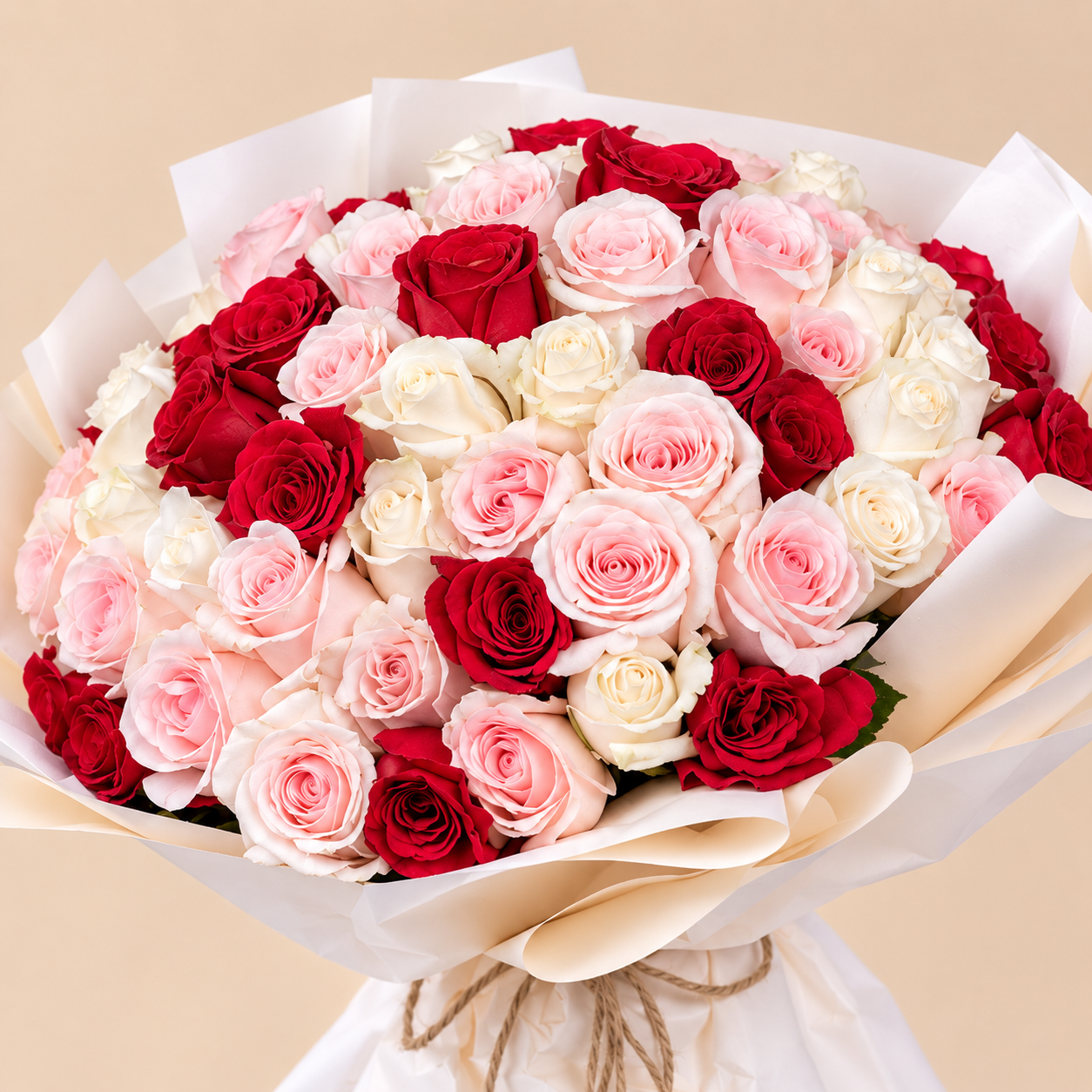 Red, Pink & White Rose Bouquet with White Wrap | 50 Roses 3