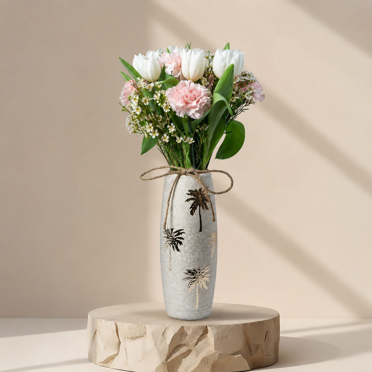 Luxury White Tulip & Pink Carnation Arrangement in Decorative Vase | Flori Mart Qatar