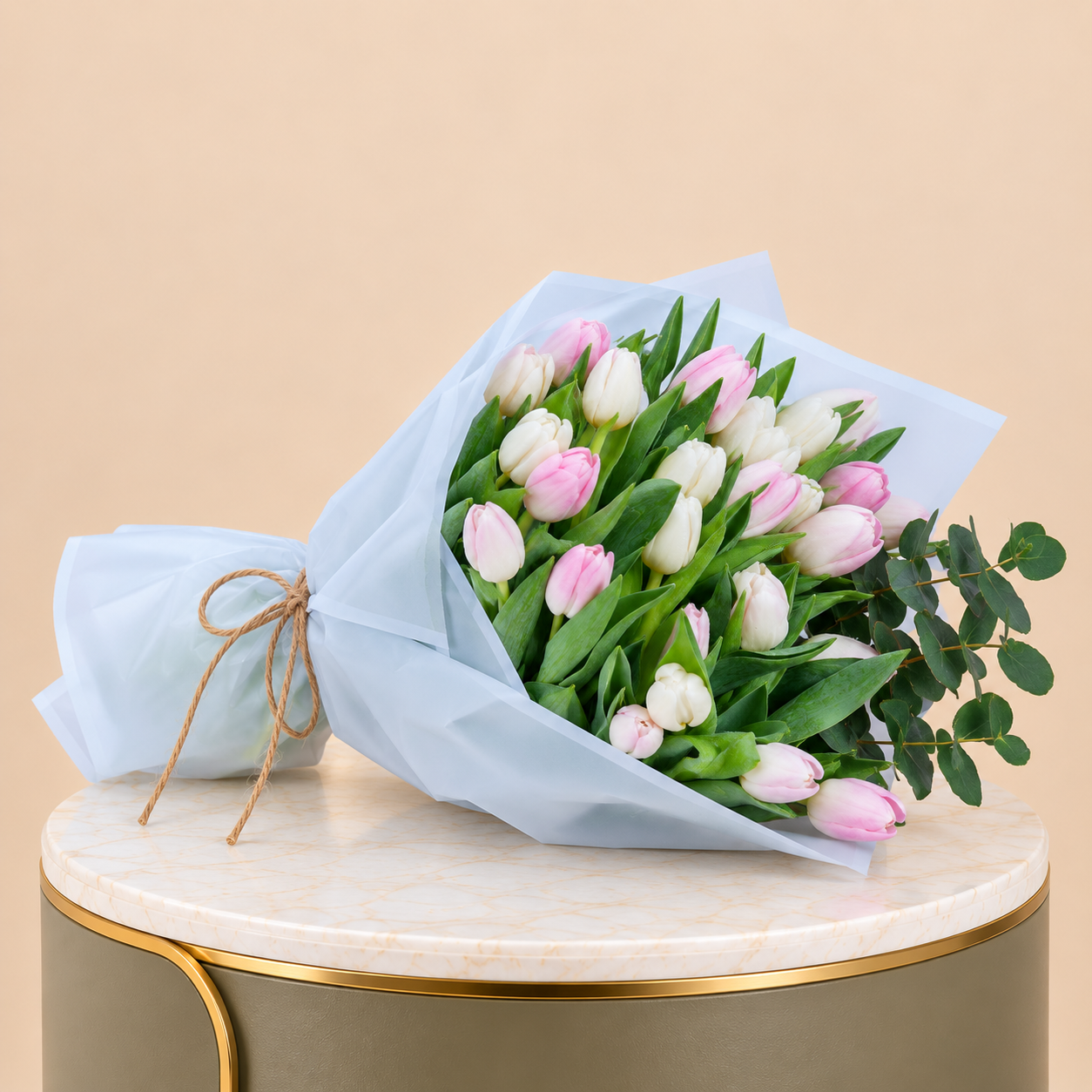 Pink & White Tulip Bouquet with Eucalyptus 2