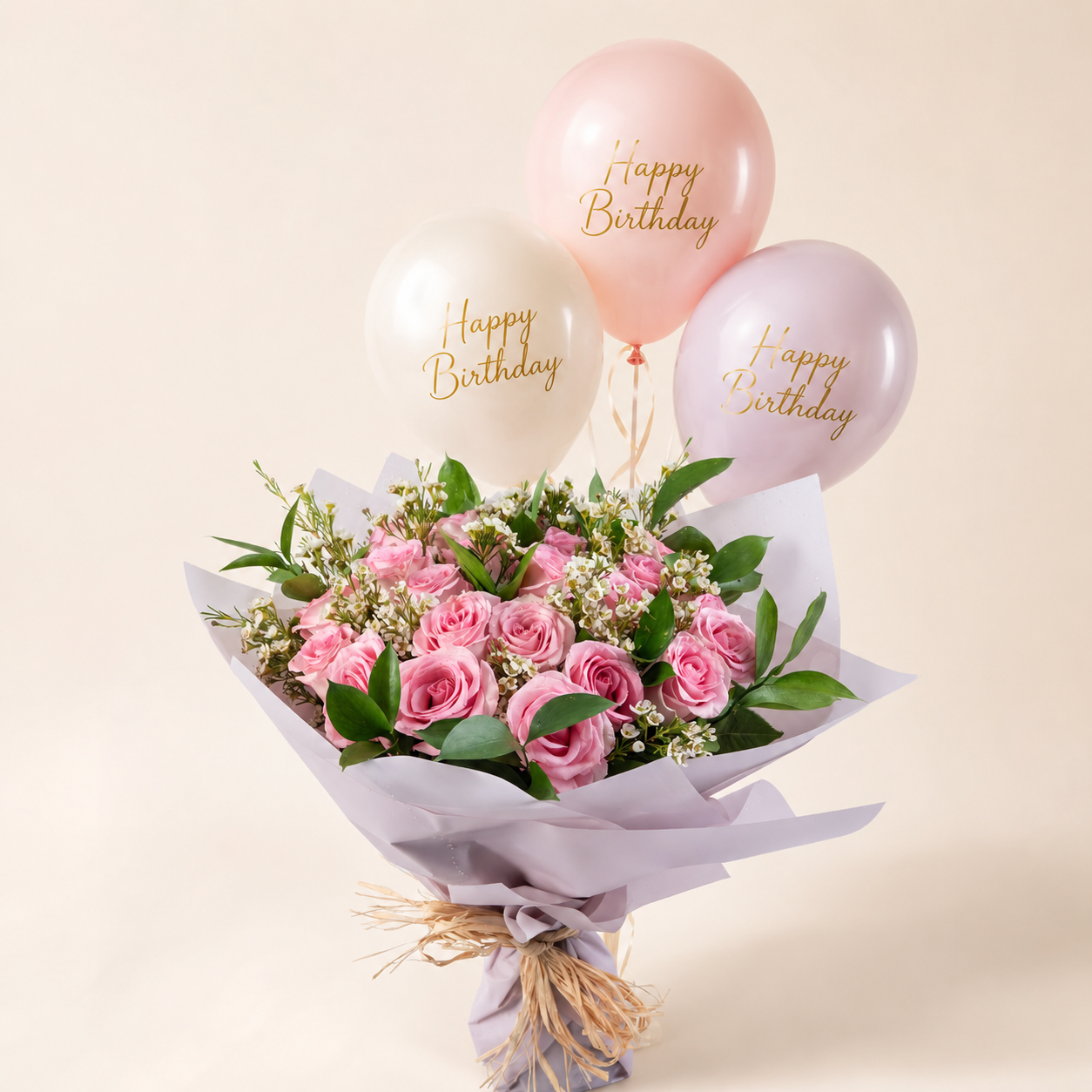 Soft Pink Rose Bouquet with Helium Birthday Balloons – Elegant Birthday Flower Gift