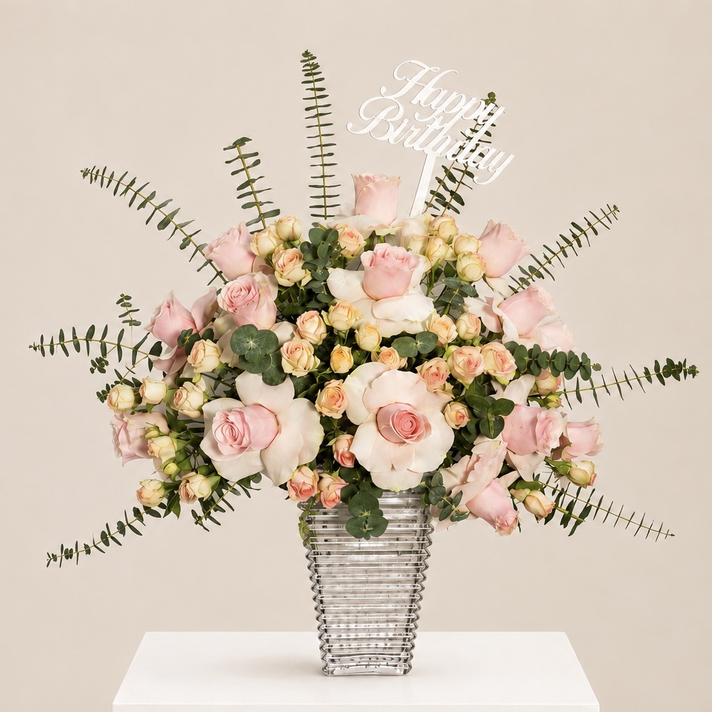 Pink Roses Birthday Arrangement in Glass Vase – Happy Birthday Flowers 3