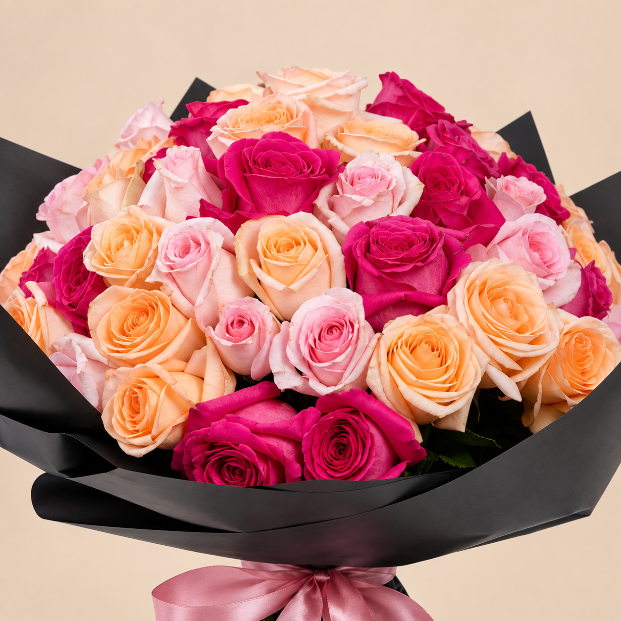 Pink & Peach Rose Bouquet with Black Wrap | 50 Roses 3