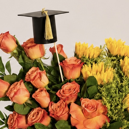 Orange Roses & Sunflowers Graduation Arrangement in Glass Vase 2