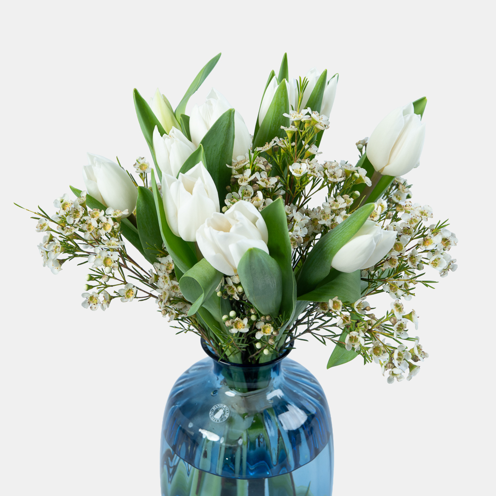 White Tulip Arrangement with Baby Three Lily Rabbit Town V3 Plush in Blue Glass Vase | Elegant Gift Arrangement 2