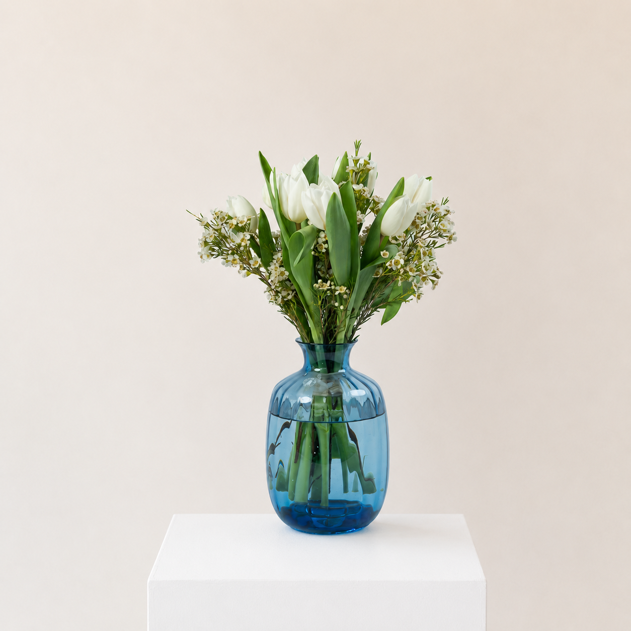 Luxury White Tulip Arrangement in Blue Glass Vase | Elegant Floral Gift