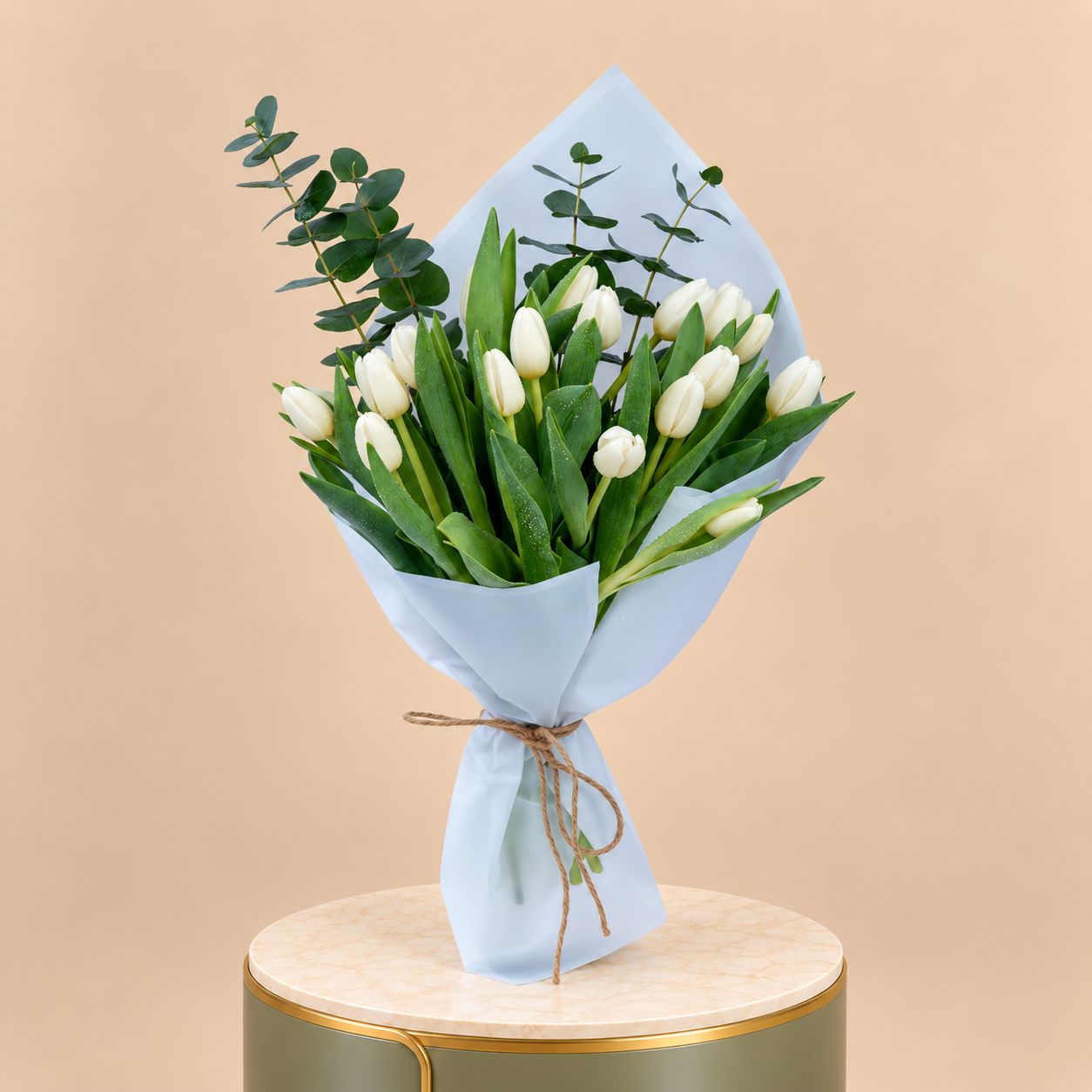 White Tulip Bouquet with Eucalyptus | 15 Tulips