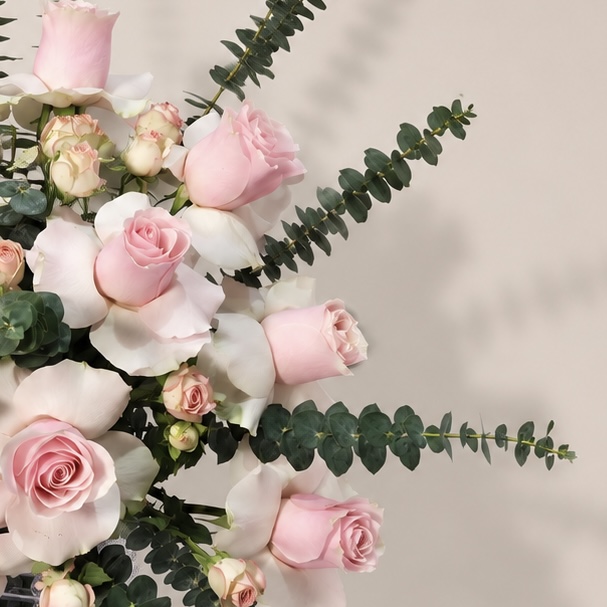 Pink Roses & Eucalyptus Arrangement in Square Glass Vase 4