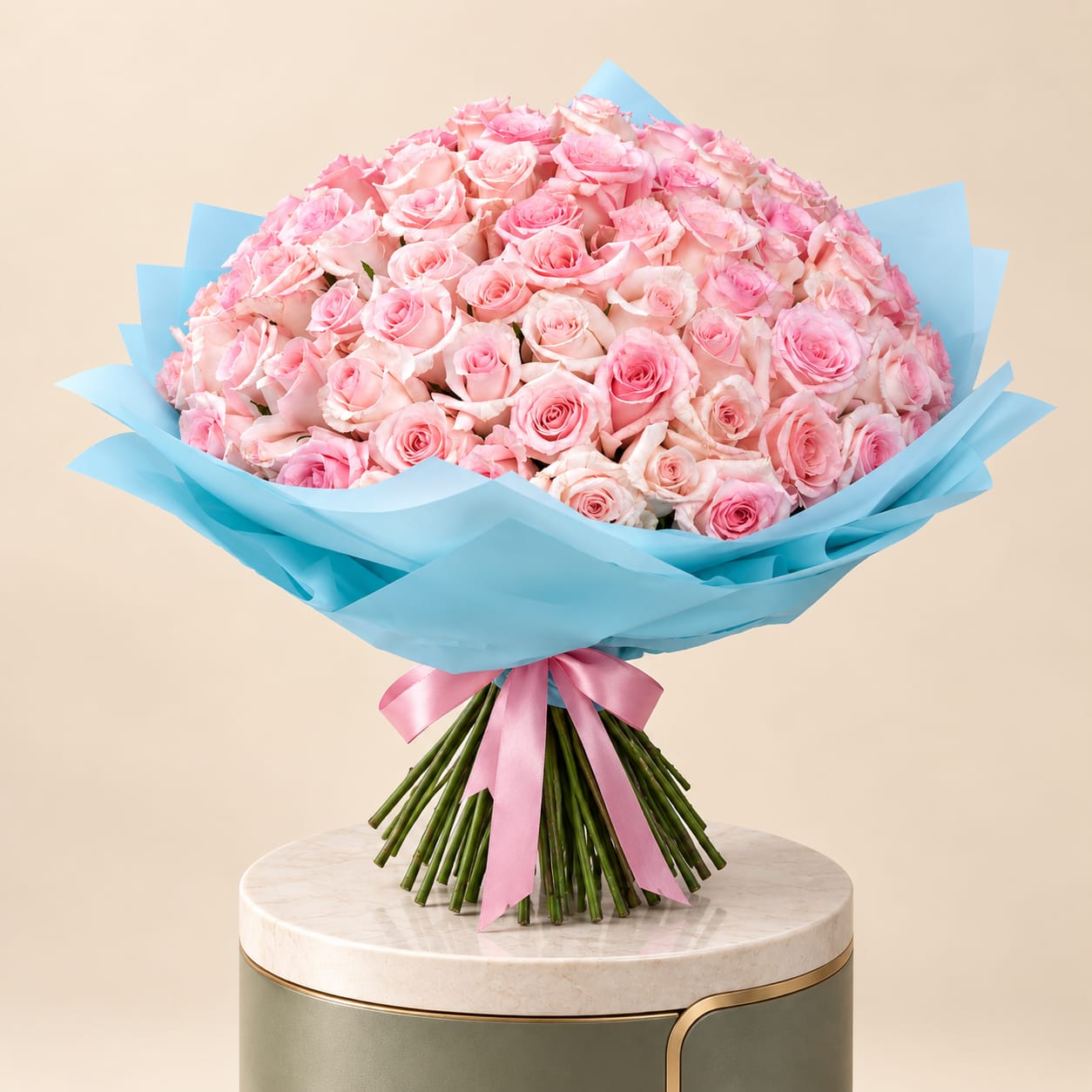 Pink Rose Bouquet with Blue Wrapping 2
