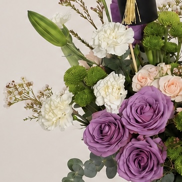 Luxury Graduation Flowers in Black Vase – Purple & Orange Roses 5