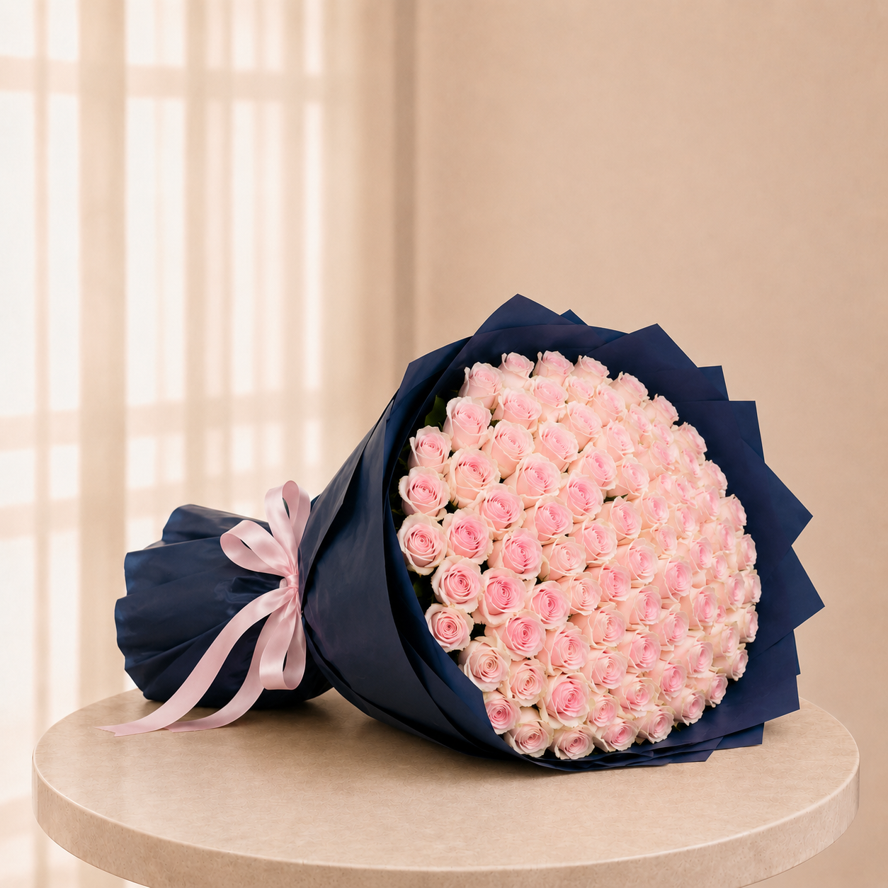 Luxury Large Light Pink Rose Bouquet in Navy Wrapping | 50 Premium Roses