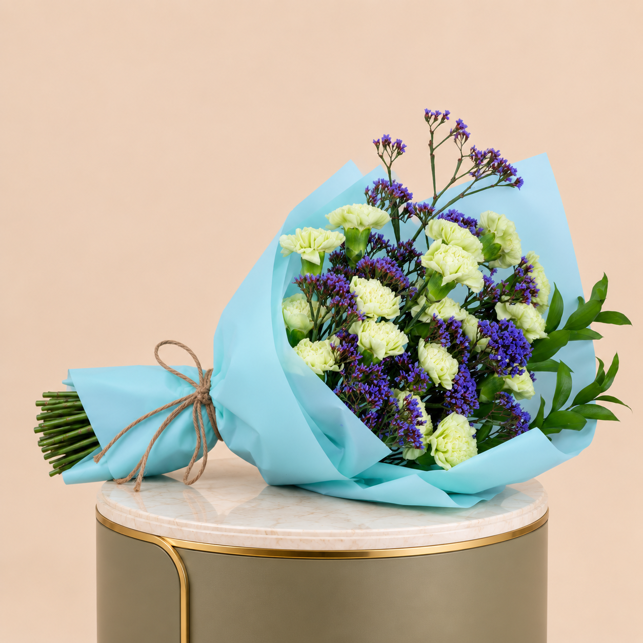 Carnation & Purple Statice Bouquet with Blue Wrap 2