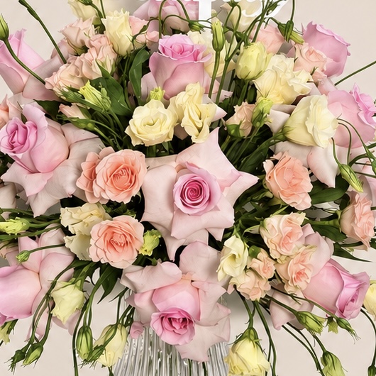 Pink Roses & Lisianthus Birthday Arrangement in Luxury Glass Vase 7