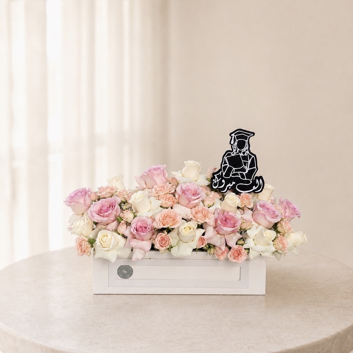 Pink & White Roses Graduation Box – Elegant Graduation Flowers for Her