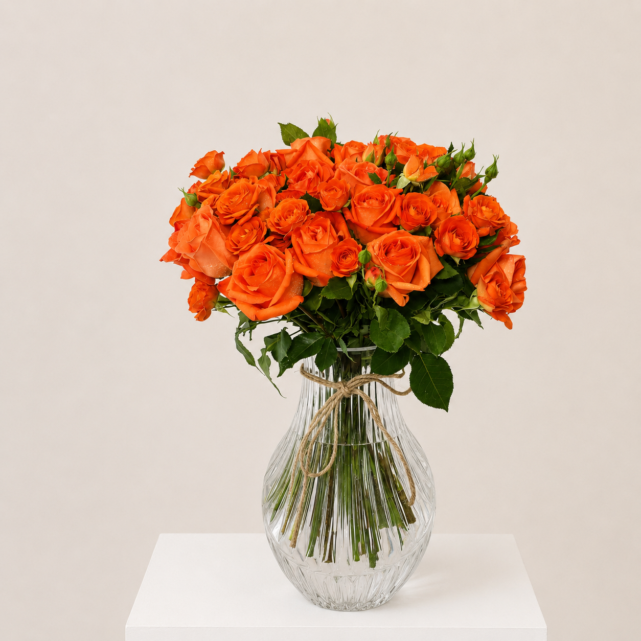 Luxury Orange Spray Roses Arrangement in Elegant Ribbed Clear Glass Vase | Flori Mart Qatar 3