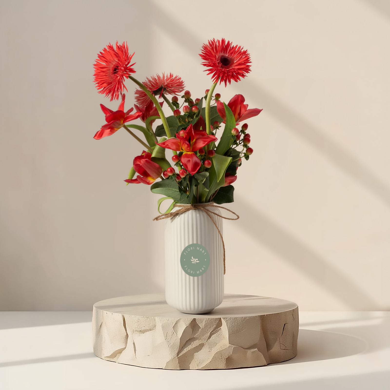 Red Gerbera & Calla Lily Arrangement with Hypericum Berries in White Vase | Luxury Floral Gift