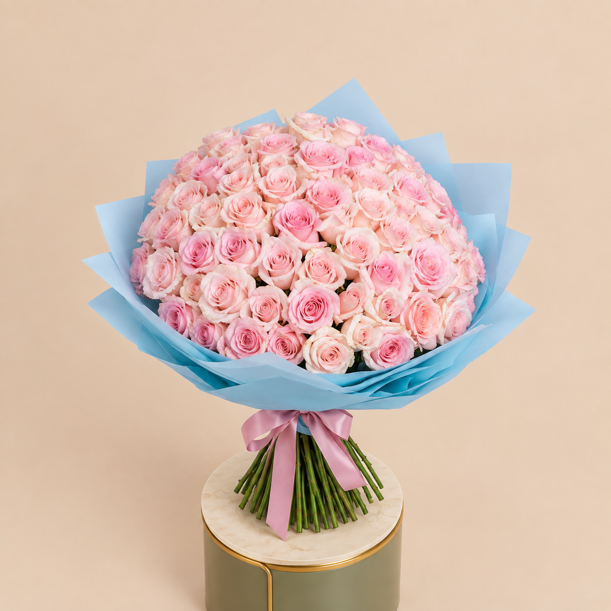 Pink Rose Bouquet with Blue Wrap | 100 Roses