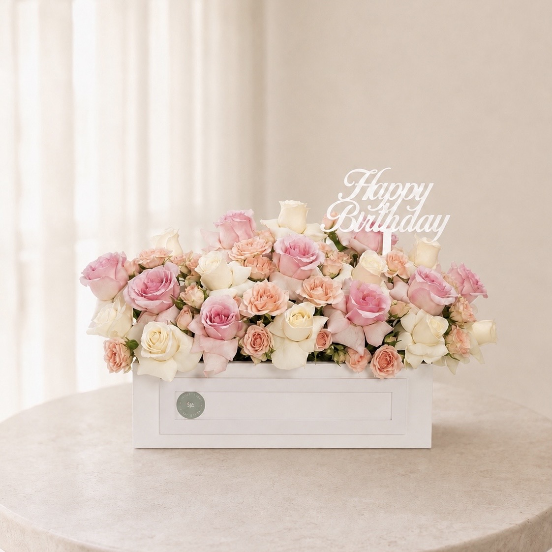 Luxury Happy Birthday Pink, White & Peach Roses Arrangement in White Box | Flori Mart Qatar
