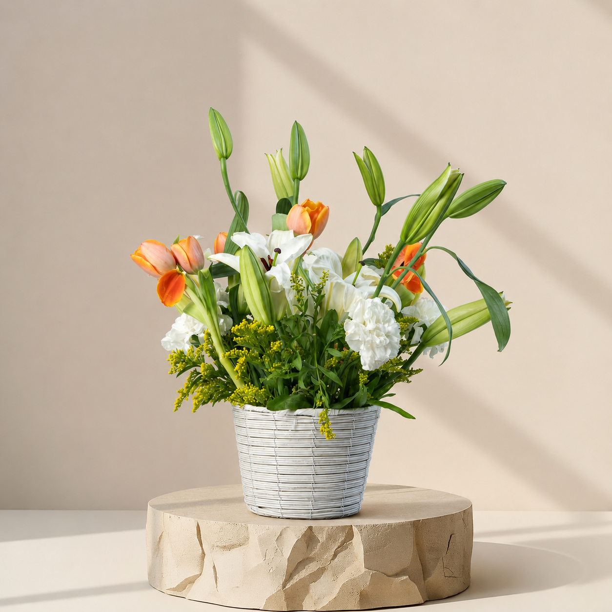 Elegant Lily & Tulip Basket Arrangement | Premium Fresh Flowers | Flori Mart Qatar