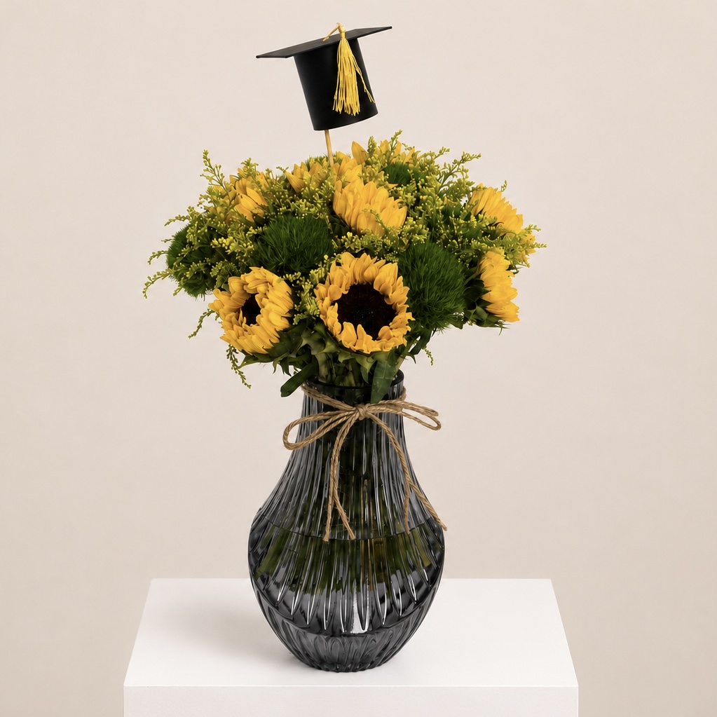 Sunflower Graduation Arrangement in Black Glass Vase – Graduation Gift 2