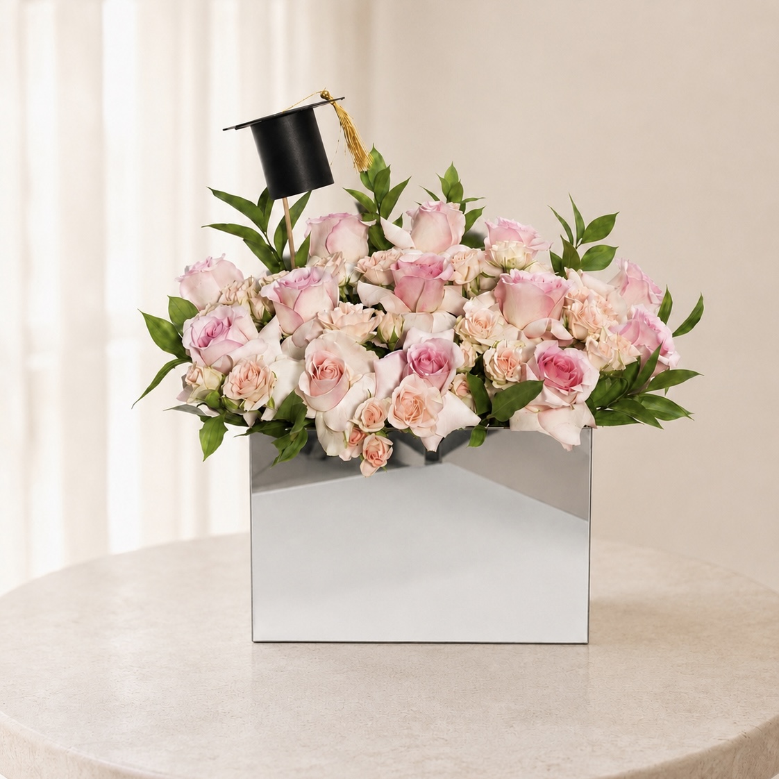 Luxury Pink Rose Graduation Box with Graduation Cap